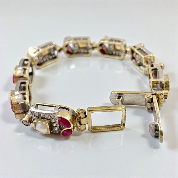 Vintage Mughal Revival Bracelet, Natural Ruby Pearl Diamond Gold Vermeil, Indian - Picture 8 of 11